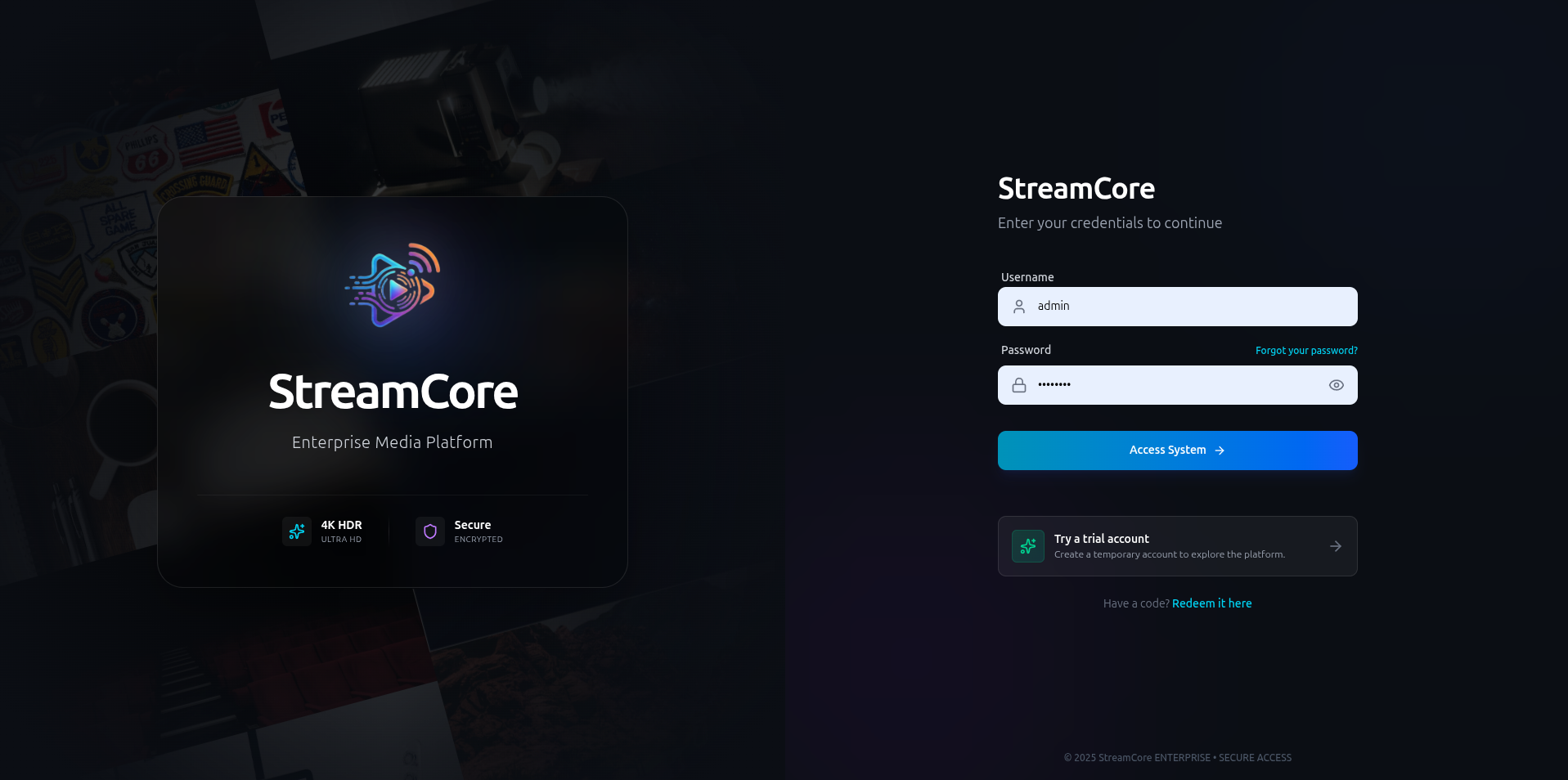 StreamCore Login Page